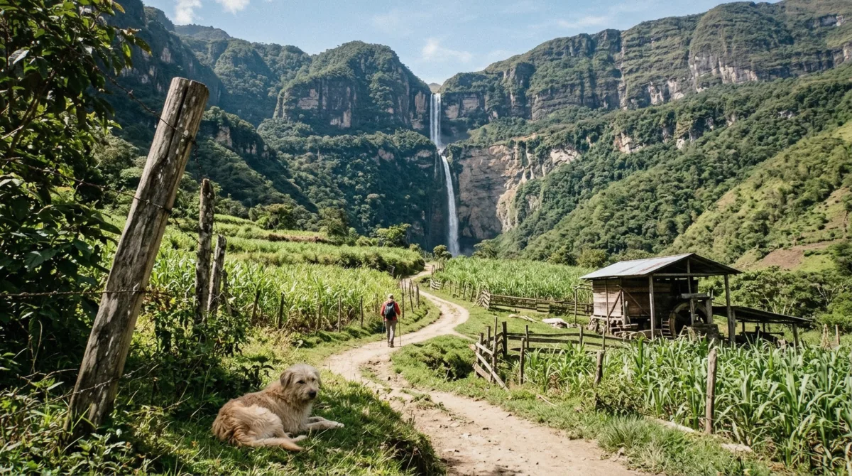 Sugar cane plots on the lower Gocta trail with the waterfall on the cliff behind, reached from Chachapoyas, Peru