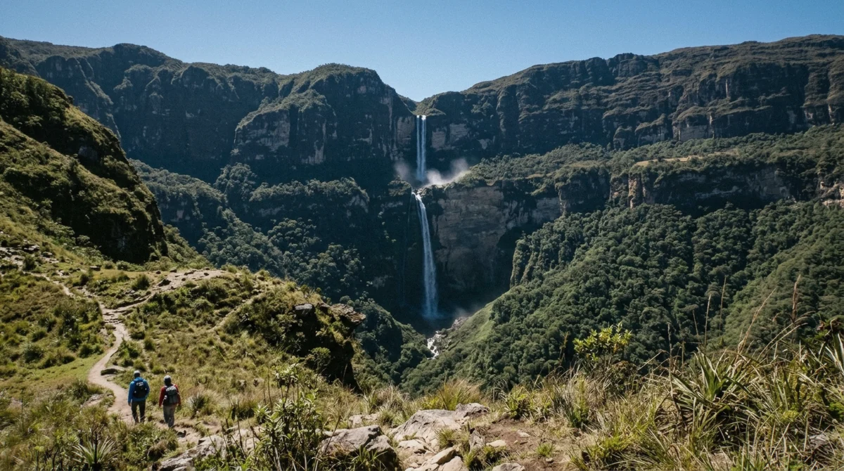 Clear dry-season view of both tiers of Gocta waterfall from the trail, the best time to visit Gocta waterfall June to September