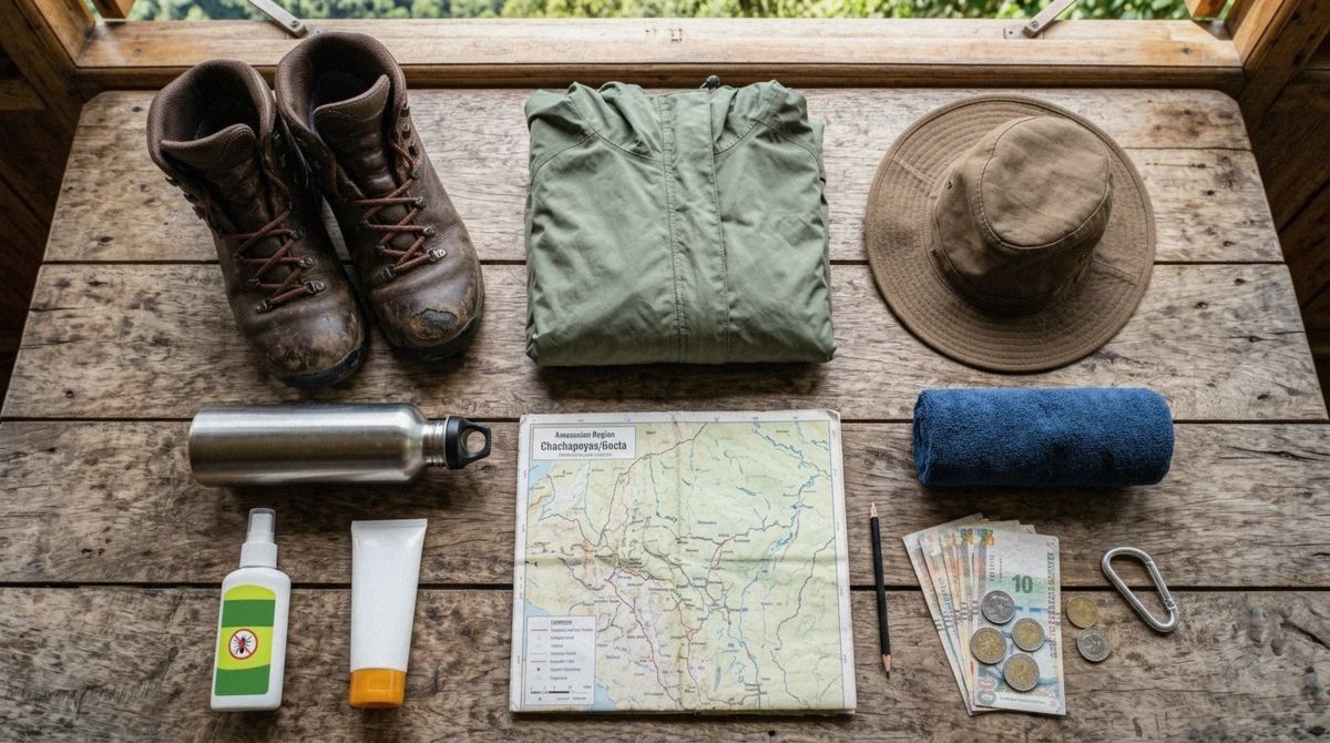 Hiking boots, rain jacket and cash laid out for a Gocta waterfall hike packing checklist, Amazonas, Peru