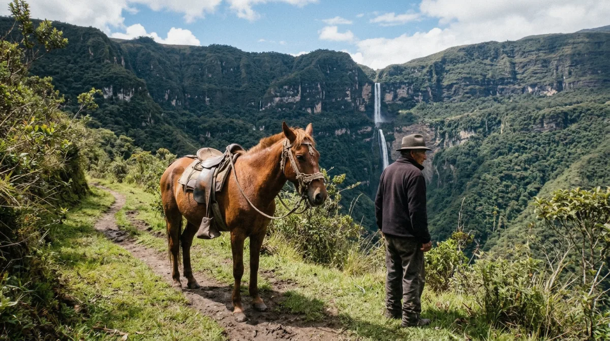 A horse waiting for hire above Cocachimba, an extra paid in cash on a Gocta waterfall visit, Amazonas, Peru