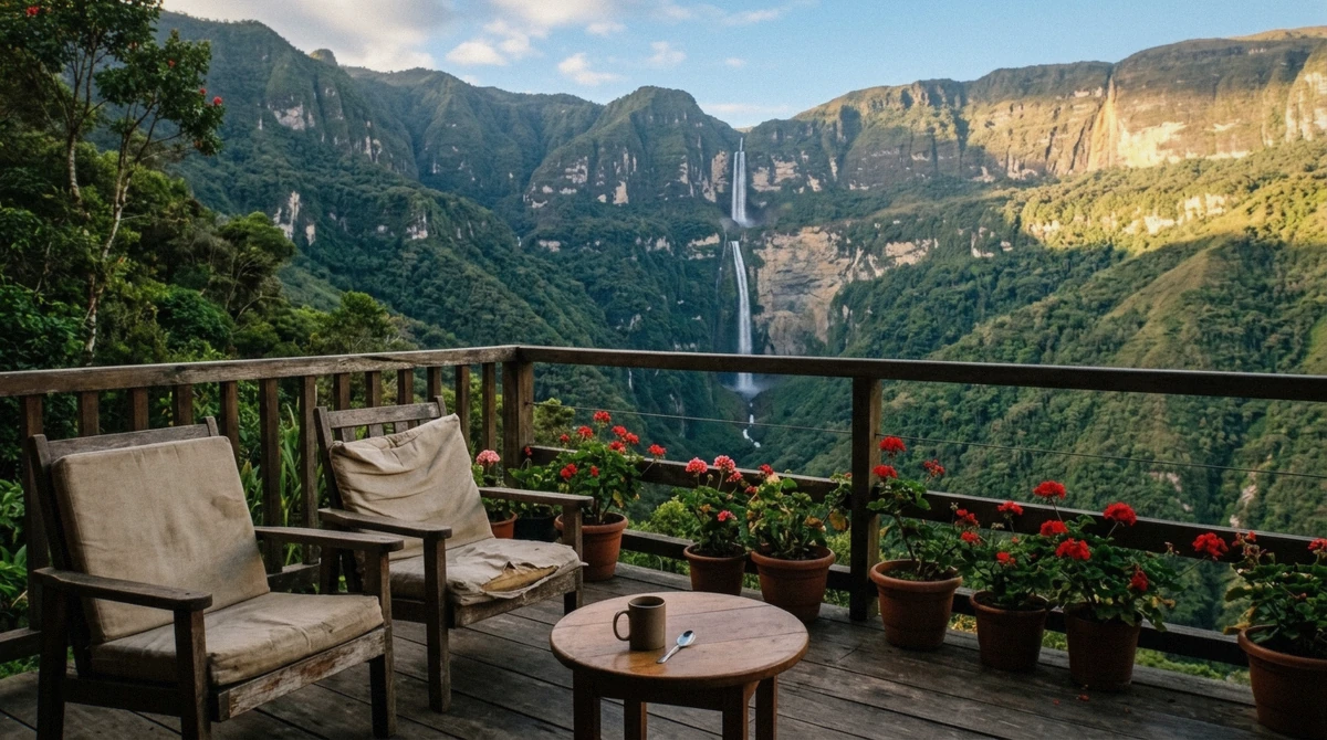 Lodge terrace in Cocachimba looking across the valley at the two-tier Gocta waterfall, the closest place to stay near Gocta, Amazonas, Peru
