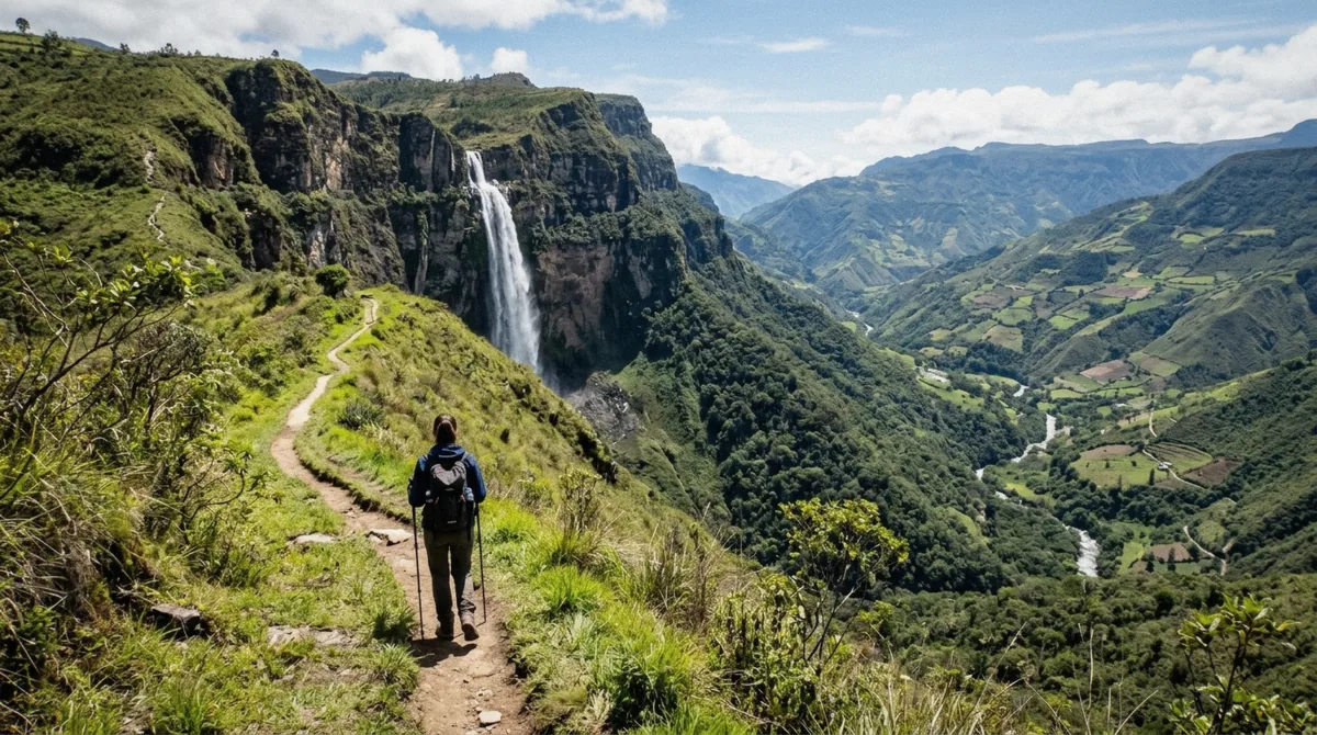 Quiet forest trail on the San Pablo side of Gocta waterfall, an alternative route to Cocachimba, Amazonas, Peru