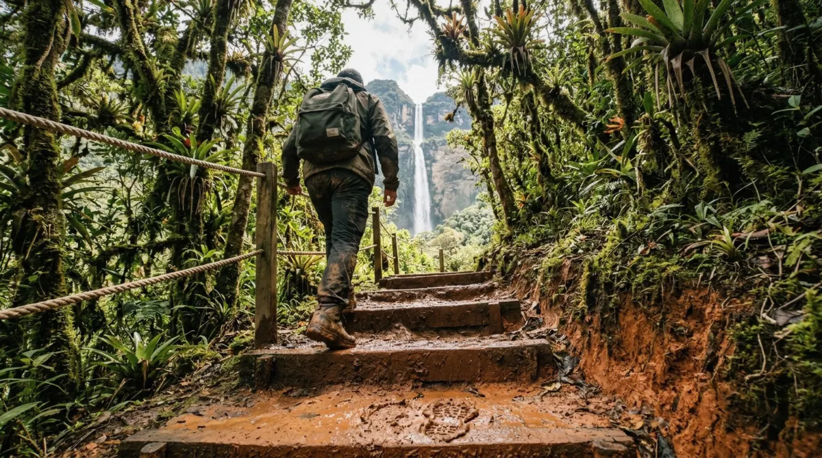 Hiker climbing a clay-cut section of the Gocta waterfall hike trail near Cocachimba, Amazonas, Peru