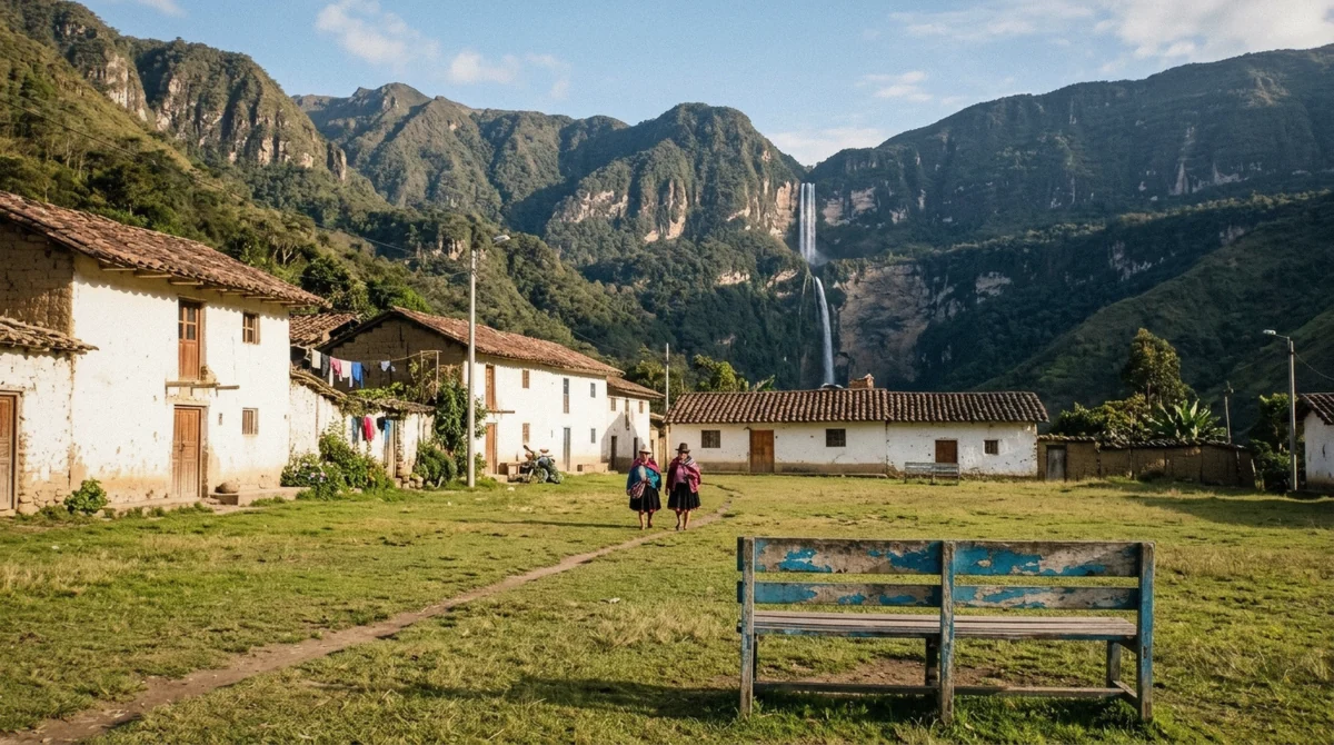 Cocachimba village square where the Gocta waterfall entrance ticket is bought in cash, Amazonas, Peru