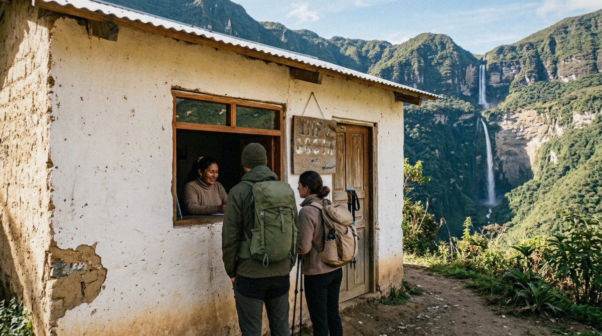 Community ticket office where visitors pay the Gocta waterfall entrance fee in cash, Cocachimba, Peru