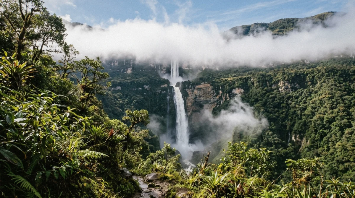 Gocta waterfall at high wet-season volume with cloud on the upper tier, December to March, Amazonas, Peru