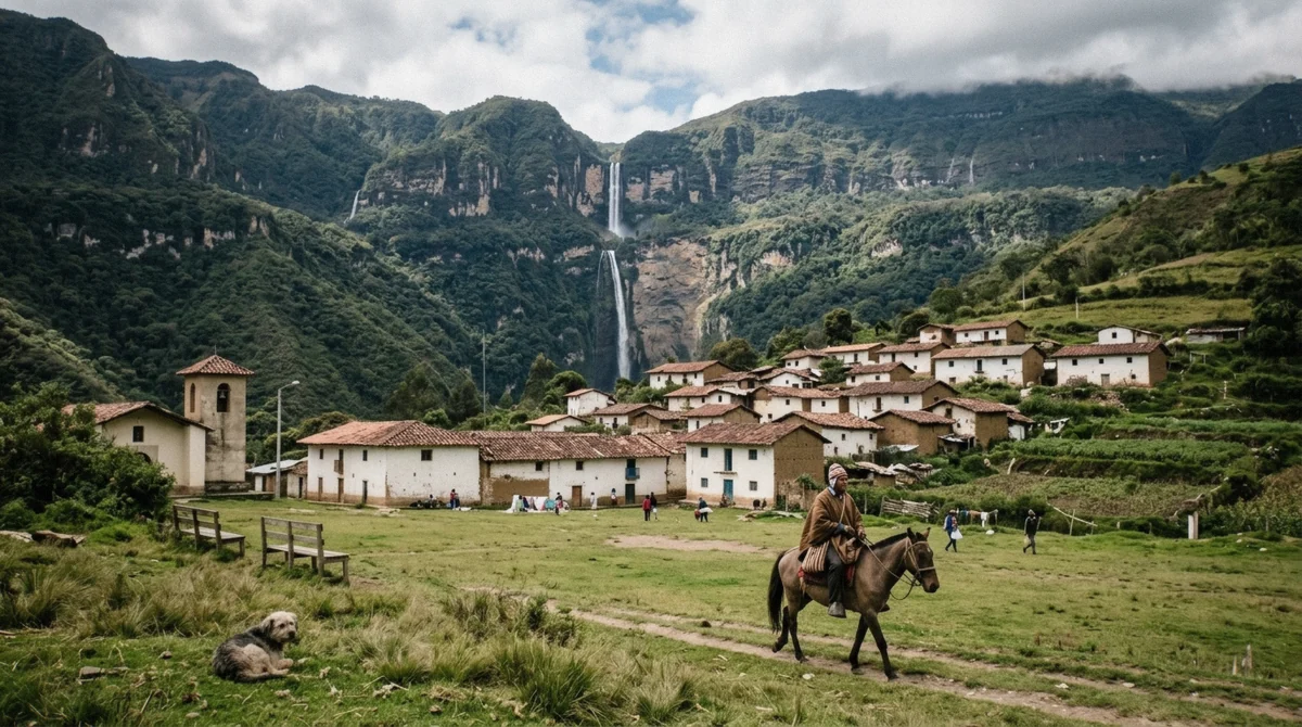 The village of Cocachimba with the two-tier Gocta waterfall behind it, the starting point of every Gocta waterfall tour from Chachapoyas