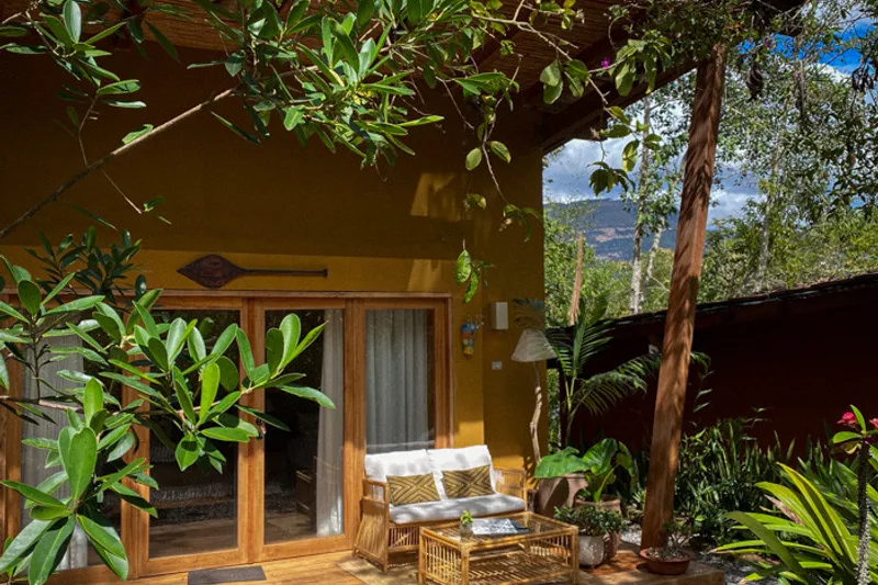 Garden terrace of a bungalow at Gocta Natura Reserve in Cocachimba, a place to stay near Gocta waterfall, Amazonas, Peru