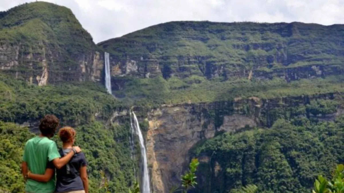 The 771-metre two-tier Gocta waterfall seen from the valley on a full-day Gocta waterfall tour from Chachapoyas, Peru