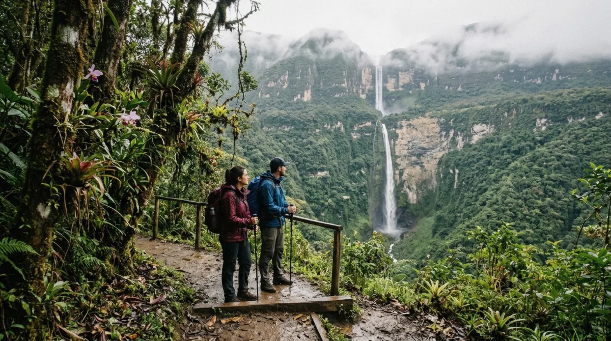 Cloud-forest trail viewpoint with both tiers of the 771-metre fall in view on a Gocta waterfall tour from Chachapoyas, Peru